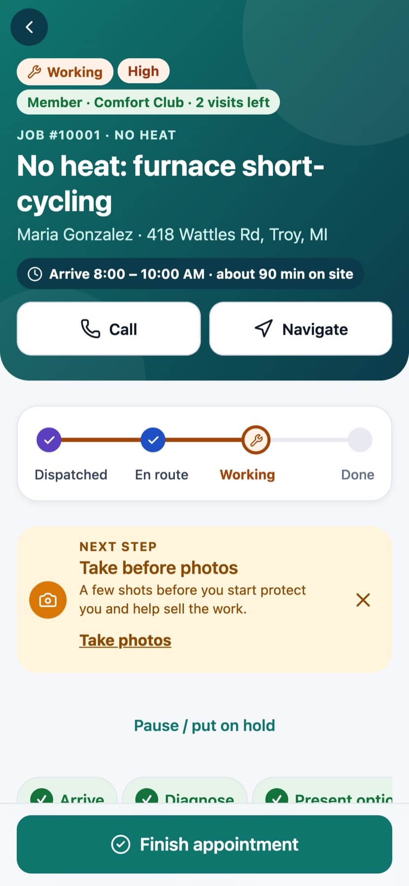 Job screen with status stepper, a take-before-photos step and Finish appointment