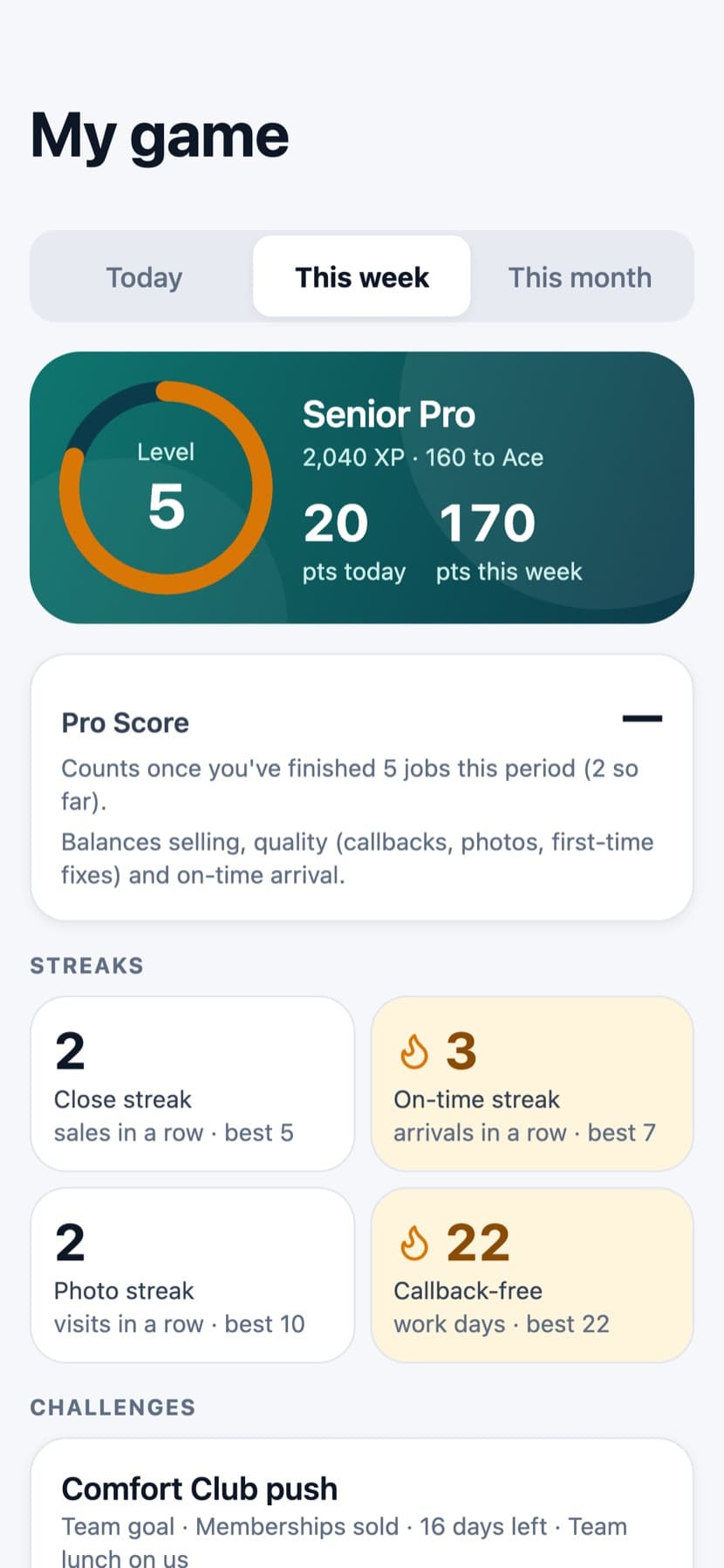 My game screen with level, streaks and a team challenge