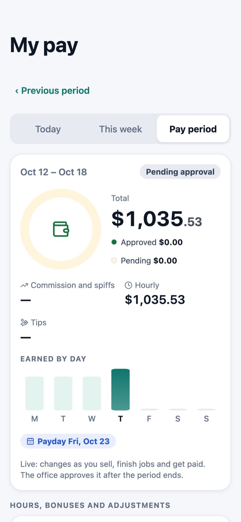 My pay screen with the pay period total and earnings by day