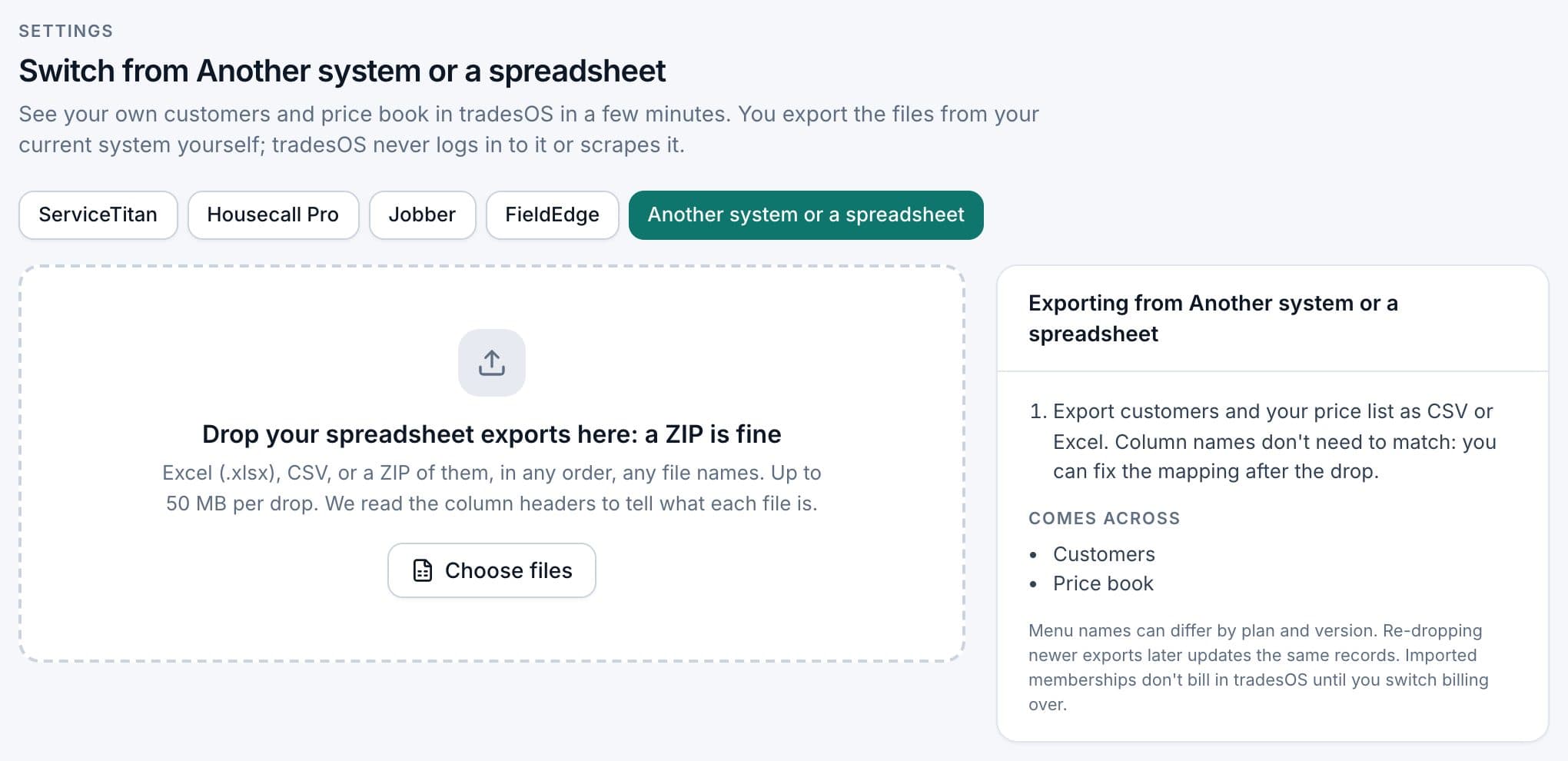 TradesWork importer with another system or a spreadsheet selected