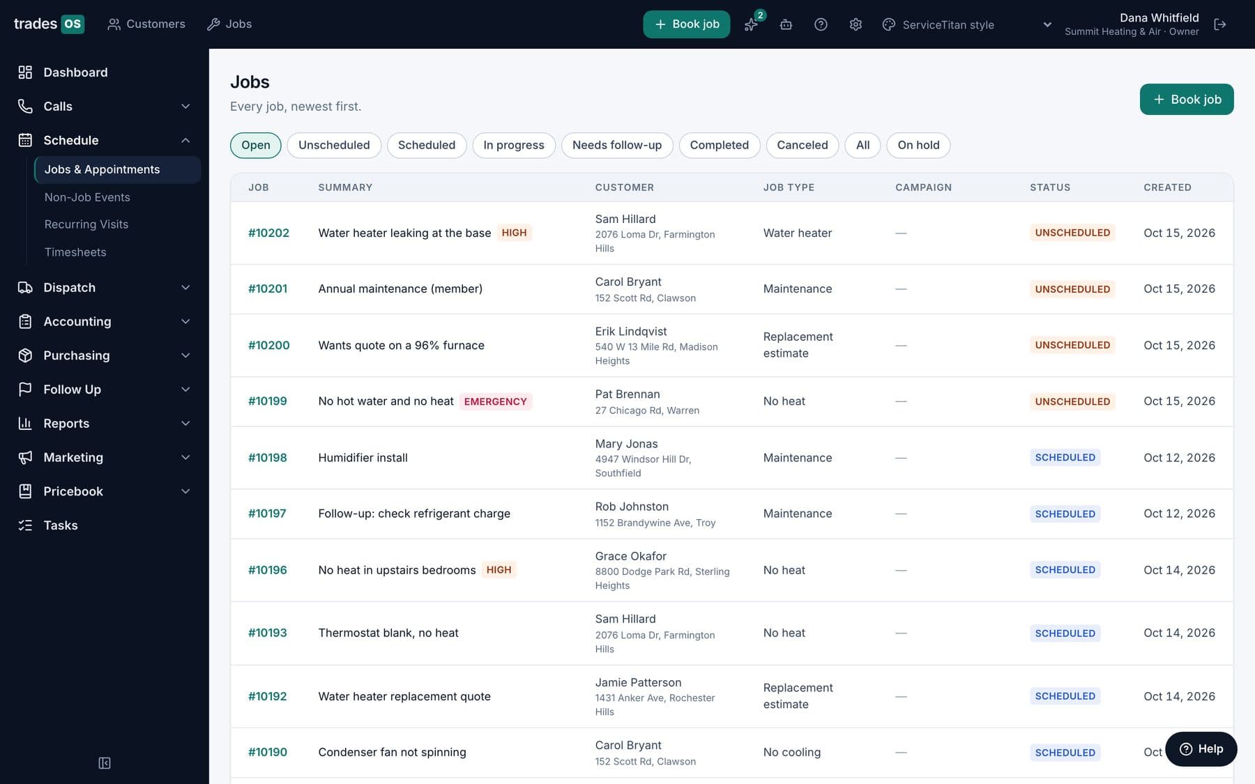 TradesWork job list in the ServiceTitan style: same data, ServiceTitan-style menus and words